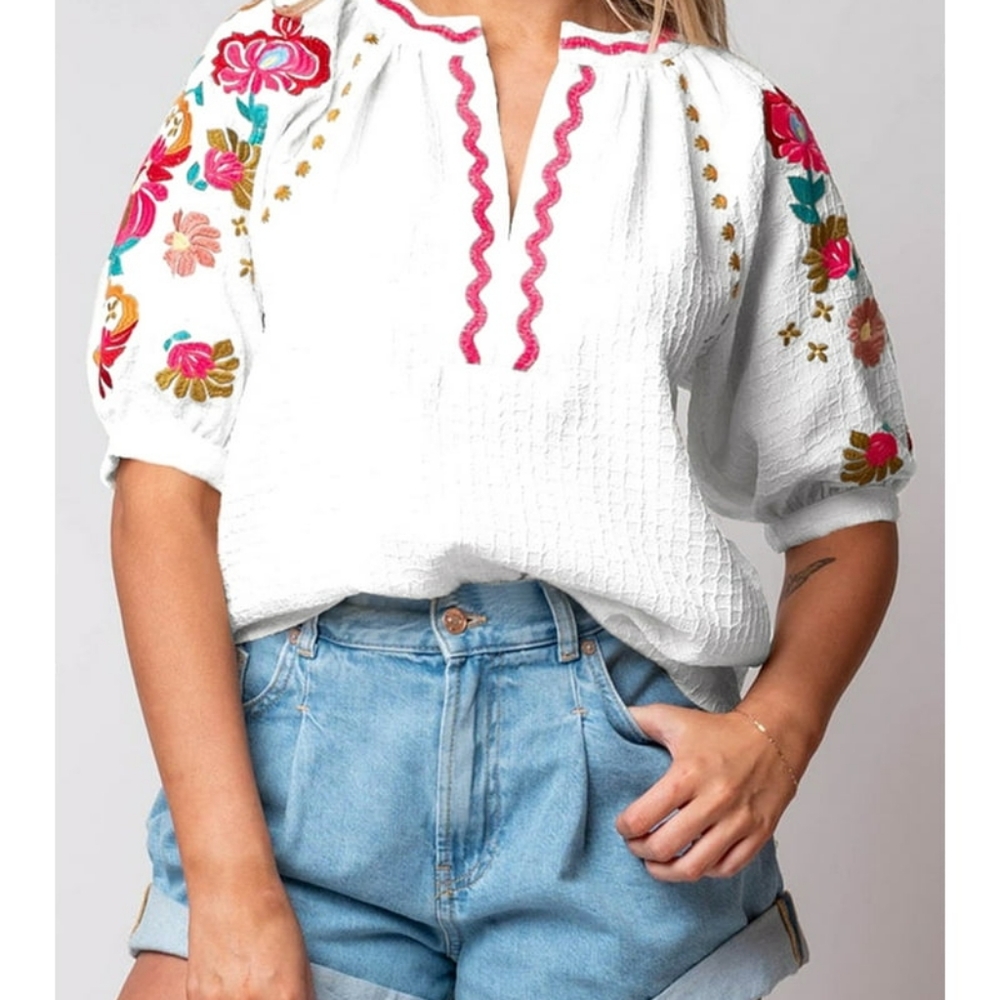 White Blouse with Embroiderd Embellishments and Rickrak Collar